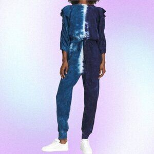 Something Navy Meghan Ruffle Tie Dye Jumpsuit in Blue & White Size Small